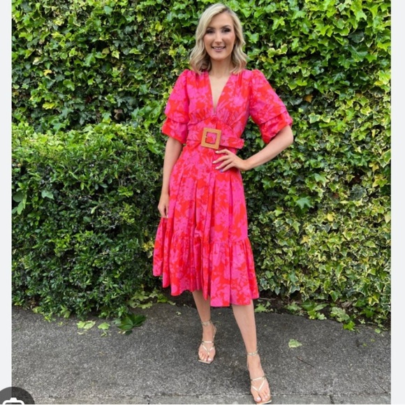 Savida Midi Dress NWT Red Pink Floral Puff Sleeve Belted Midi Tiered Ruffle - Picture 3 of 13